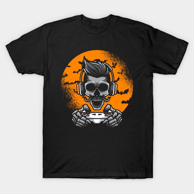 Halloween Skeleton Gamer Gaming T-Shirt by TeddyTees